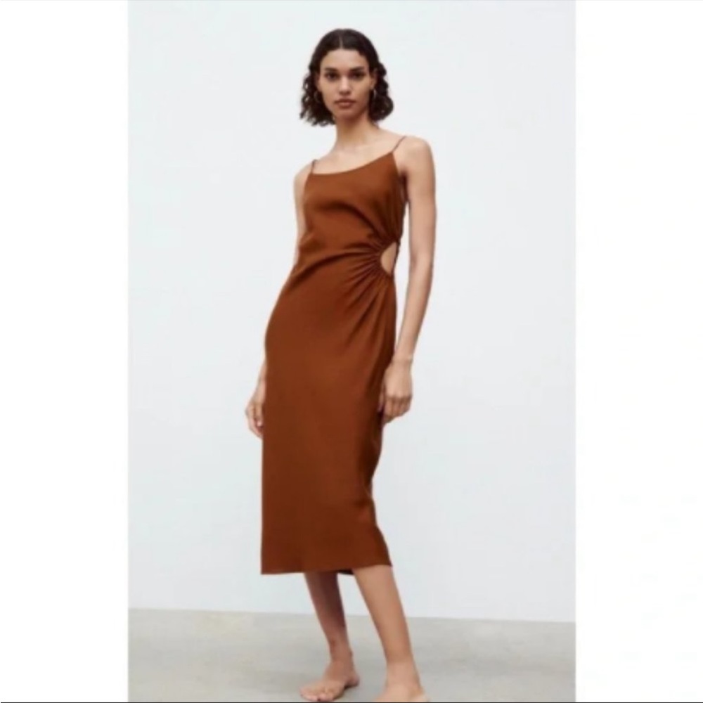Zara cutout linen blend brown dress